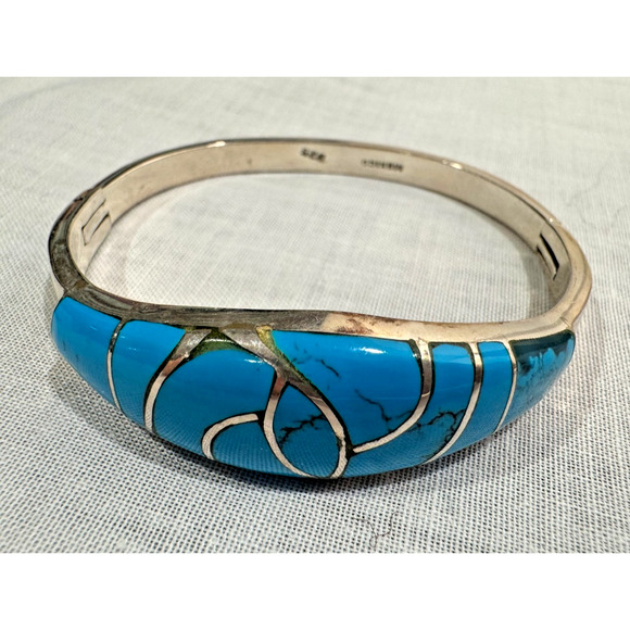 TAXCO TJ-63 Bracelet Turquoise Sterling Silver Hinged Inlaid Bangle Mexico - Picture 1 of 8